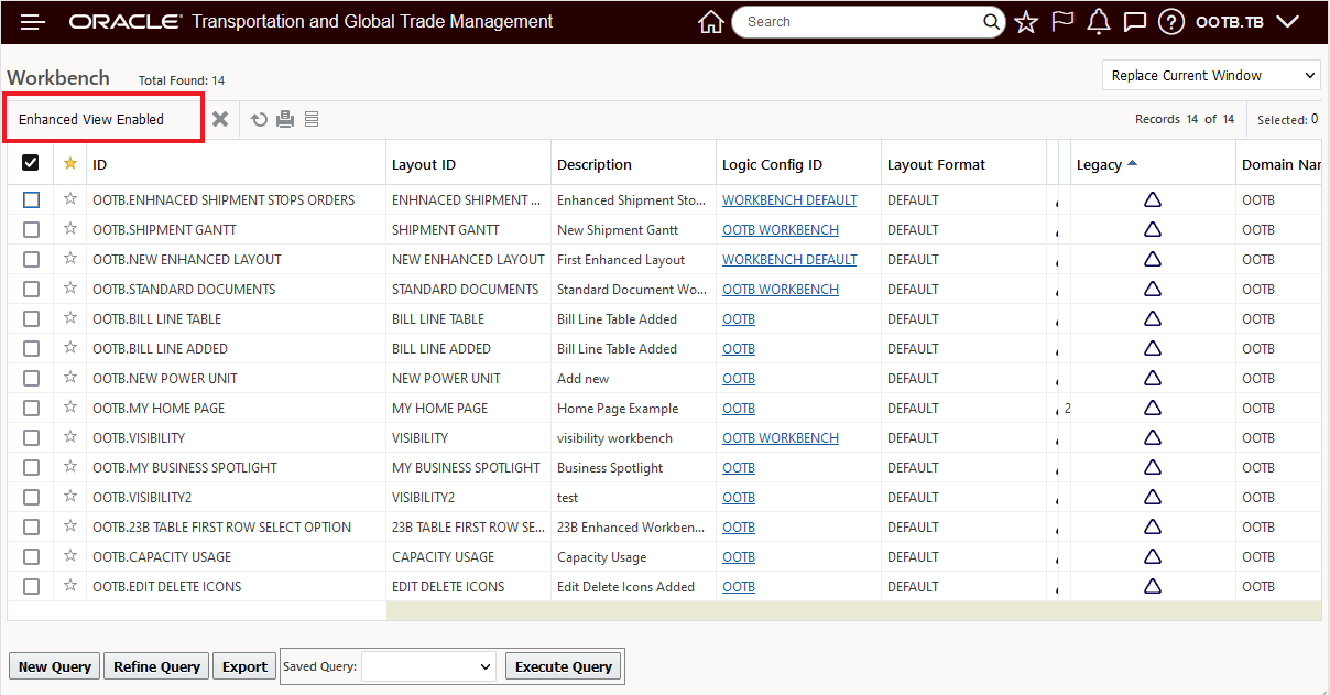 Workbench manager - only supports enhanced view enabled action