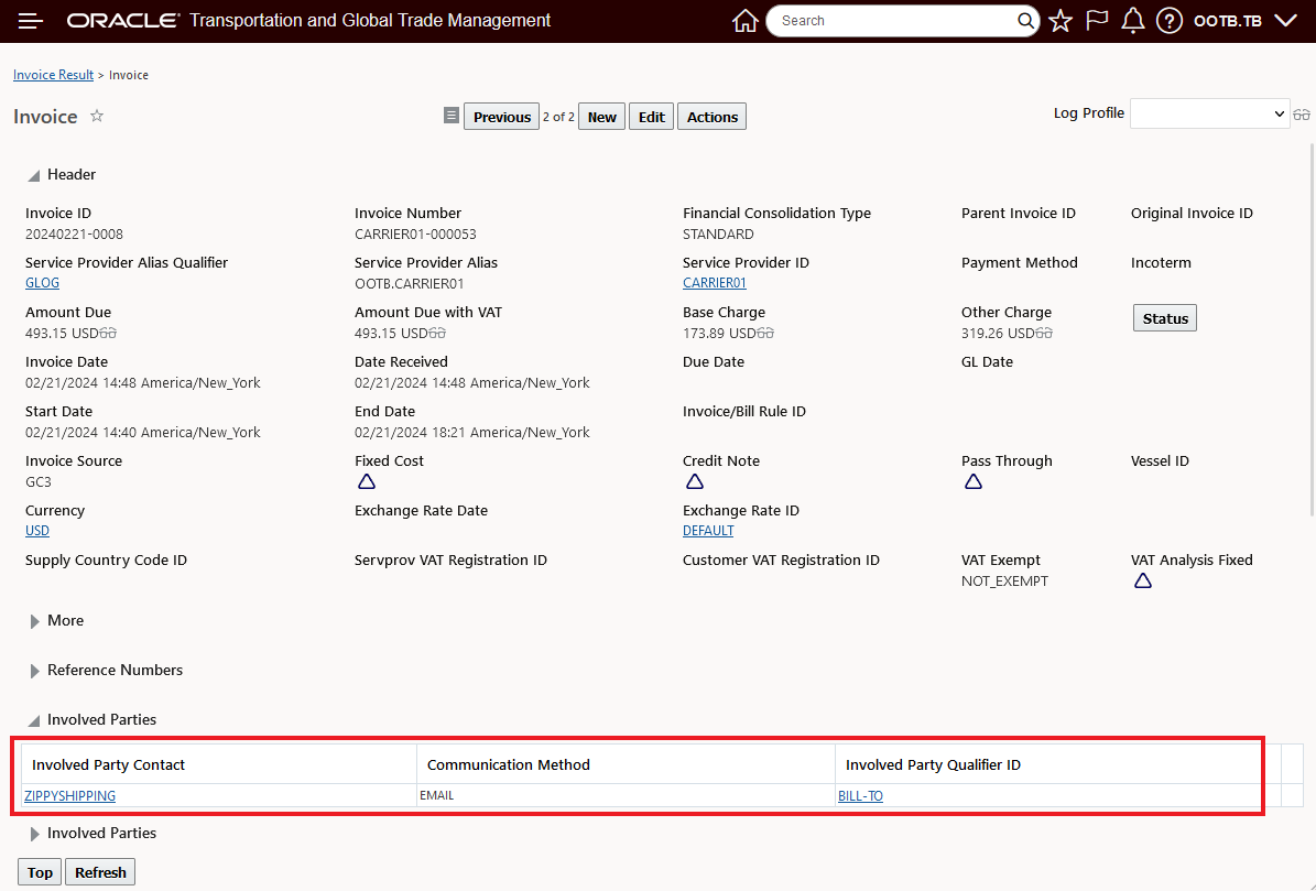 Invoice With Involved Party Contact Bill-to and Zippyshipping as Contact