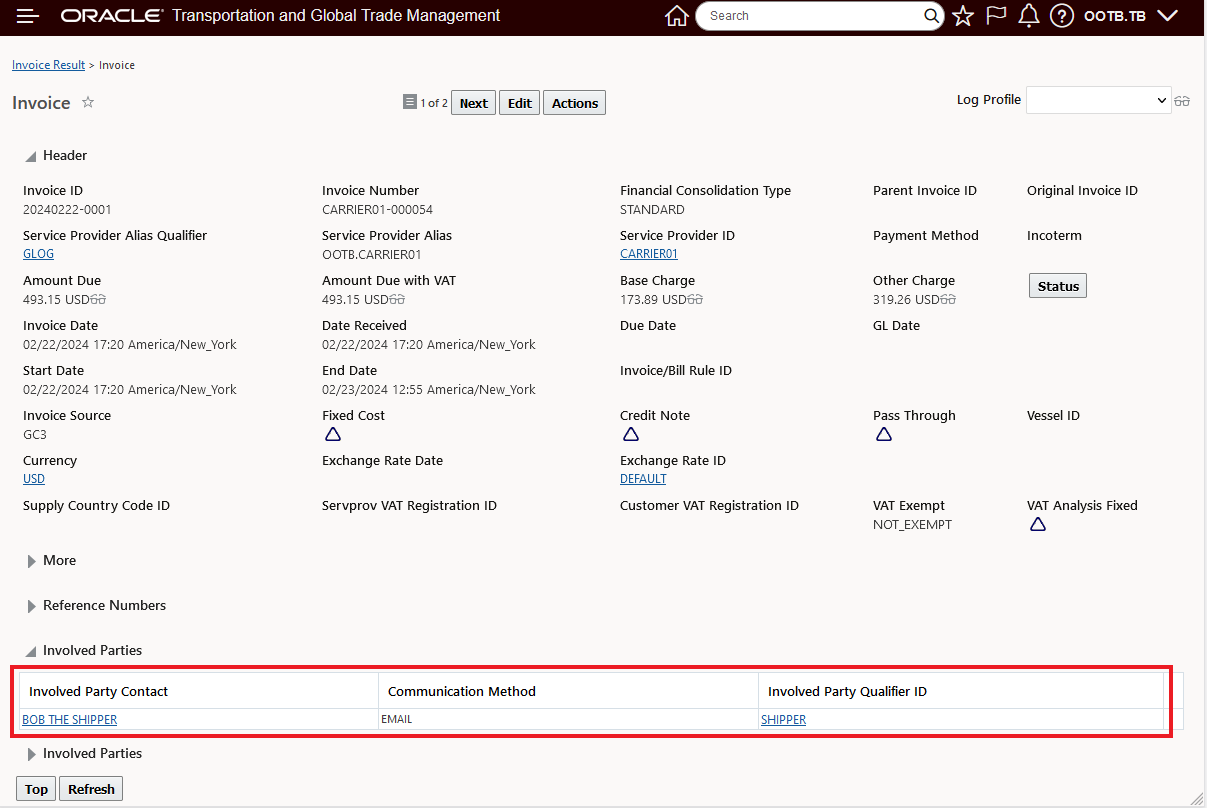 Sample Invoice with Involved Party and Contact Defined