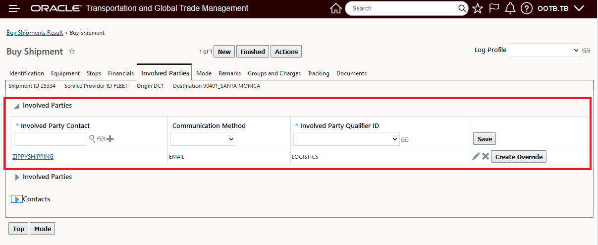Allocation rule matching involved party qualifier and contact information on example shipment