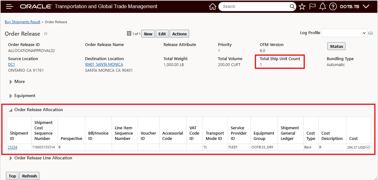 Allocated cost for the first order using 24B_involved_party02 allocation rule