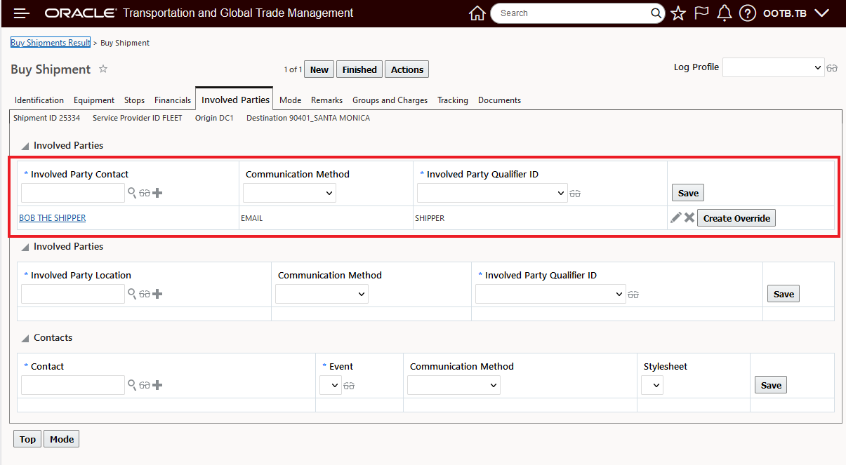 Allocation rule matchine involved party qualifier and contact information on example shipment