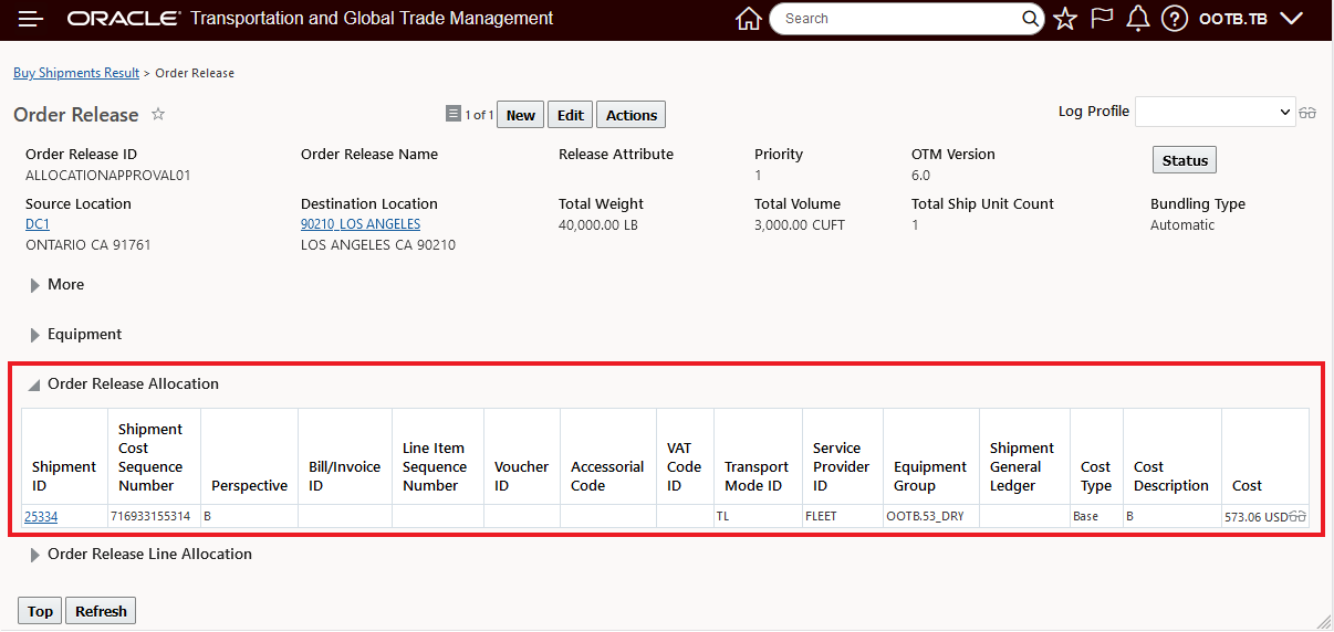 Allocated cost for the first order using 24B_involved_party01 allocation rule