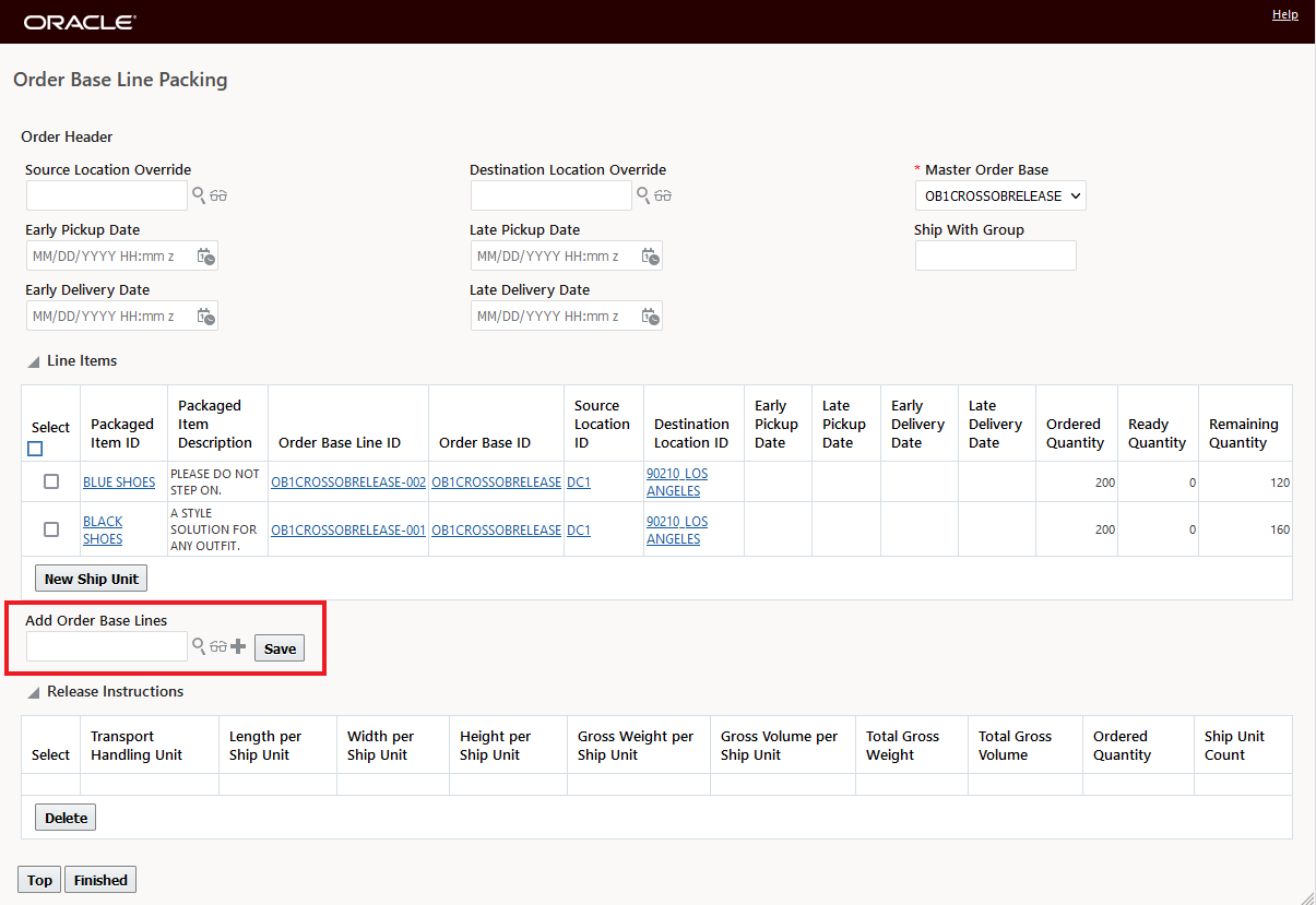 Order base line packing action input screen