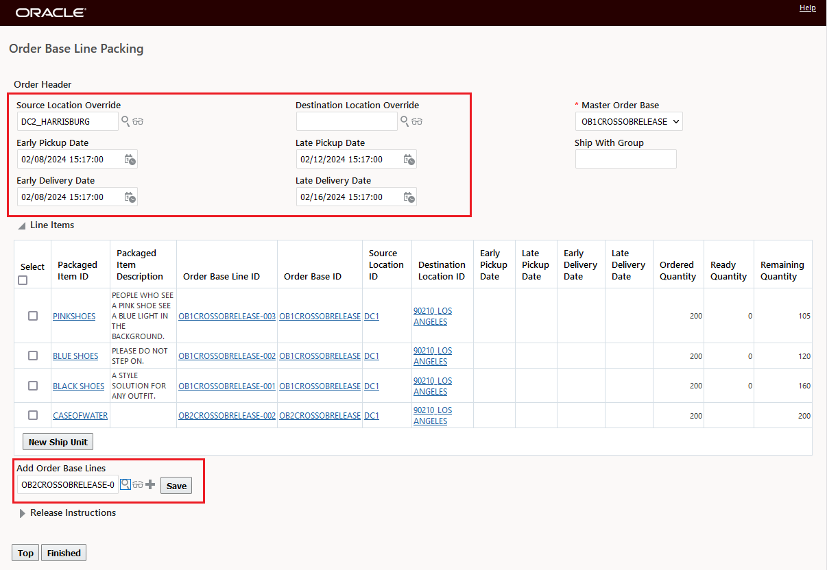 Order header info added - additional order base line selected