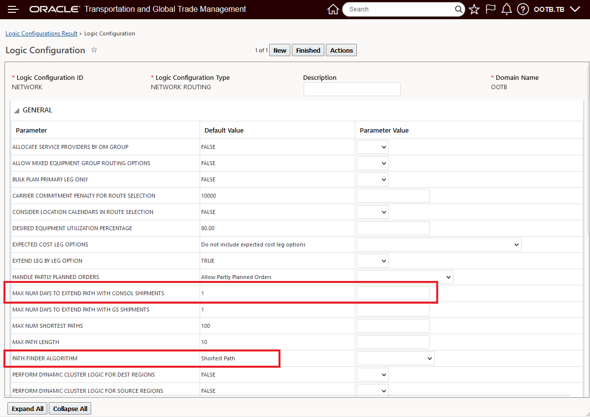 Parameter max num days to extend path with consol shipments logic config view 