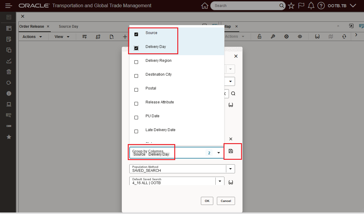 Select the Columns for the New Saved Groups - Source and Delivery Day