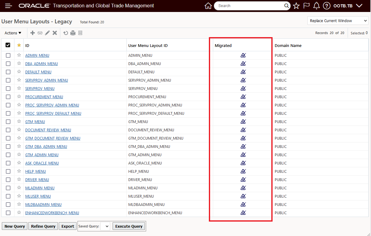 Menu Manager (Legacy) Finder Results - Migrated Column