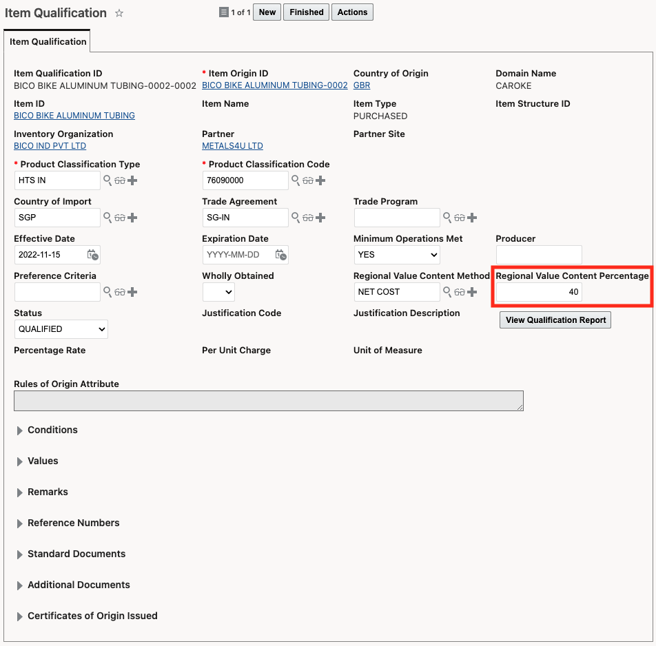 Item Qualification - Regional Value Content Percentage