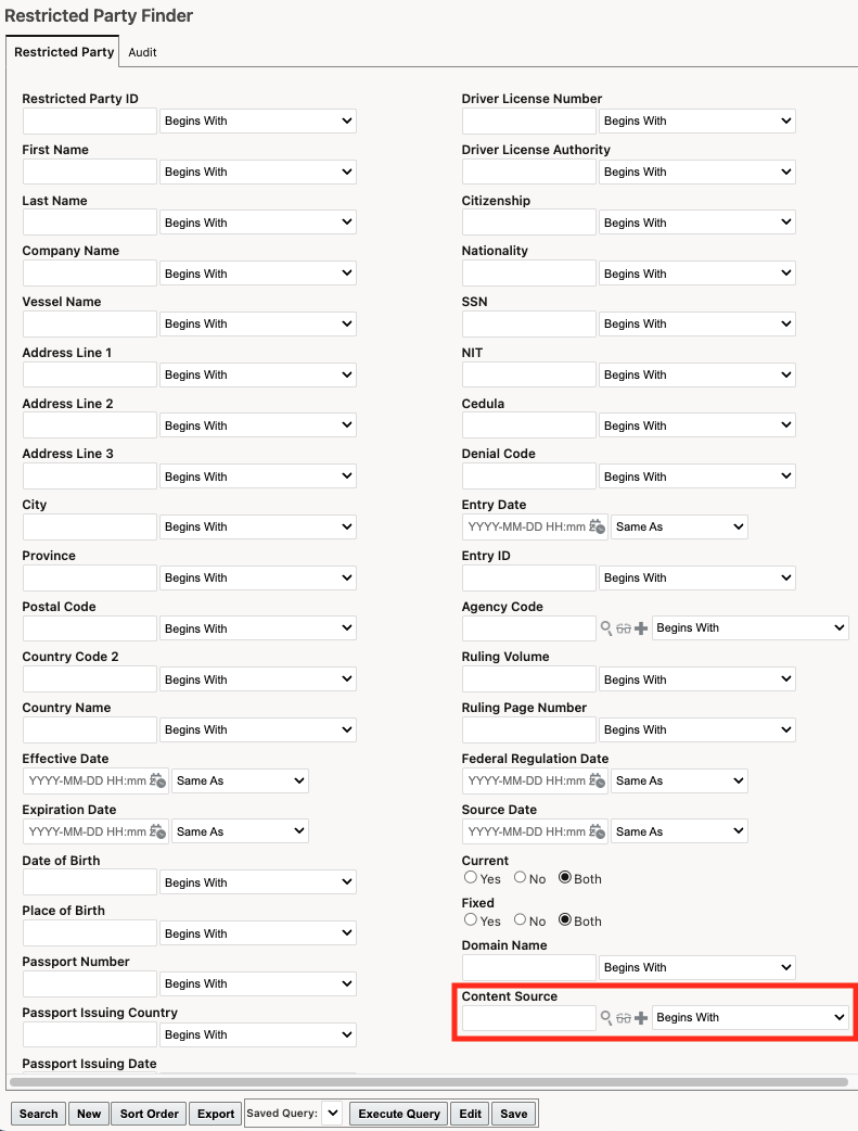 Restricted Party Finder with Content Source 