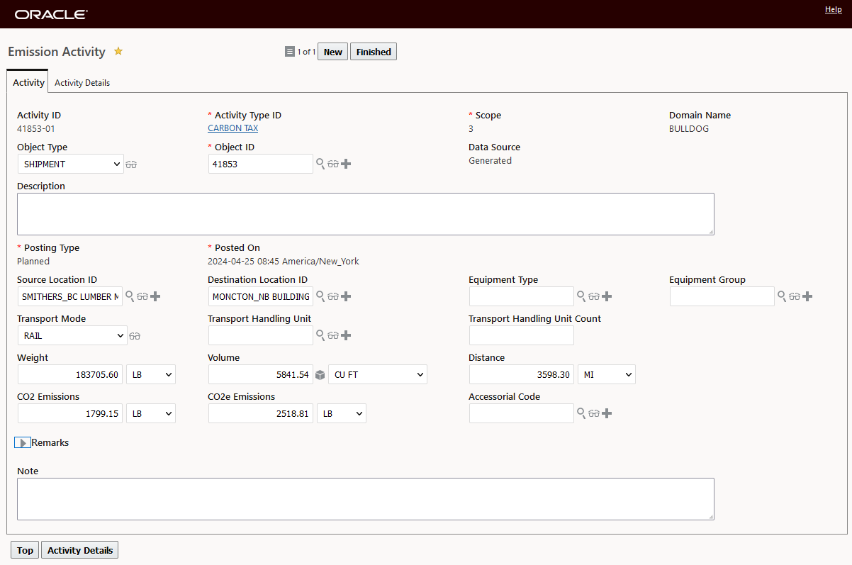 Emissions Activities for Shipment 41853