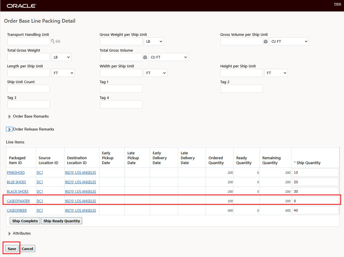 Ship Quantity for Line Item to Ignore set to Zero