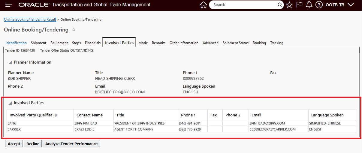 Additional Involved Parties Included in Online/Booking Tendering Screen