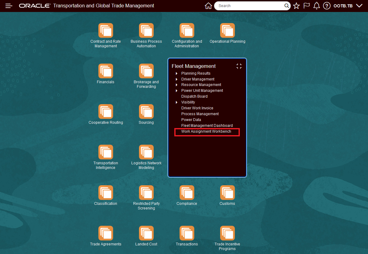 Work Assignment Workbench - Fleet Management Menu