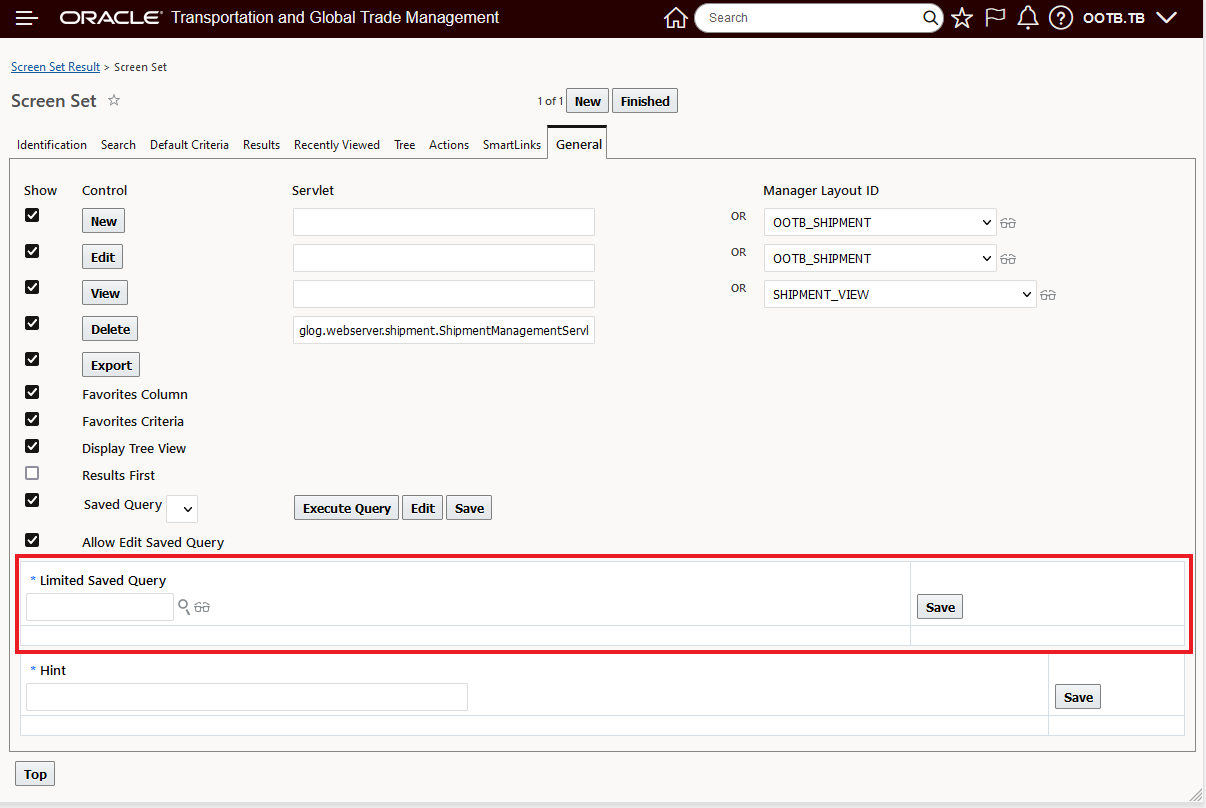 Limited Saved Query - Screen Set General Tab