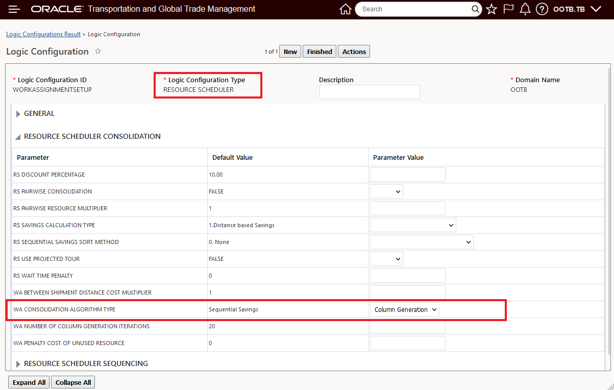 Parameter WA Consolidation Algorithm Type  - Column Generation