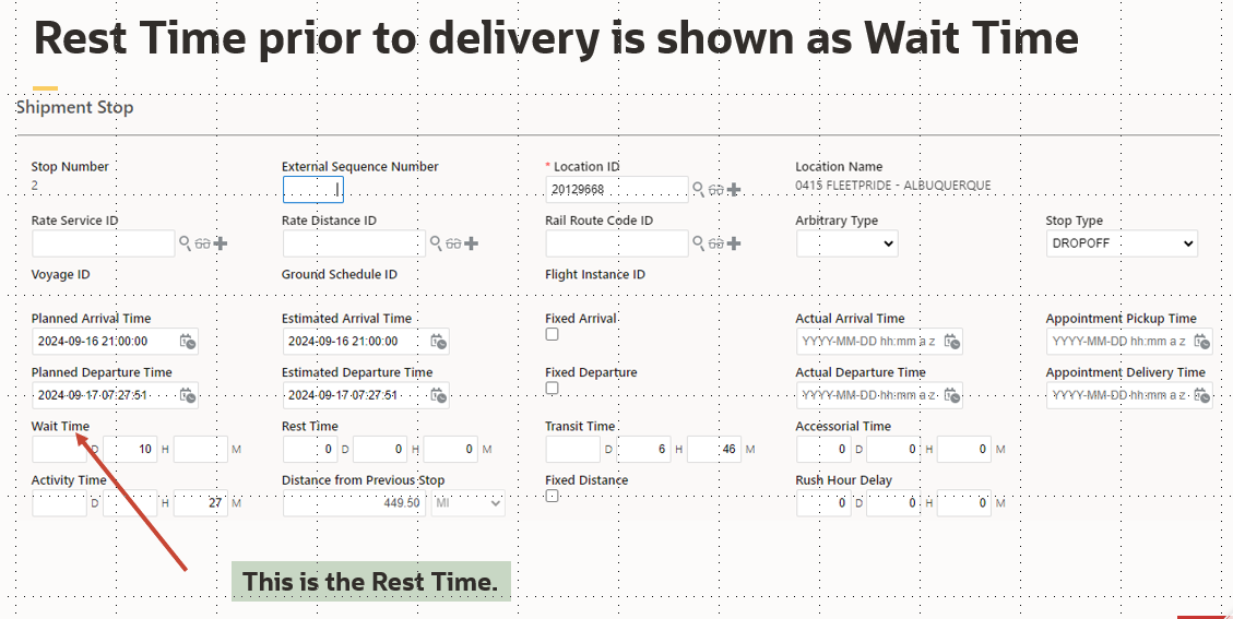 Rest Time is dislayed as Wait Time at stop