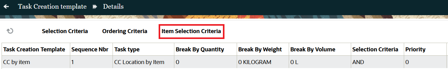 "Item Selection Criteria" action button