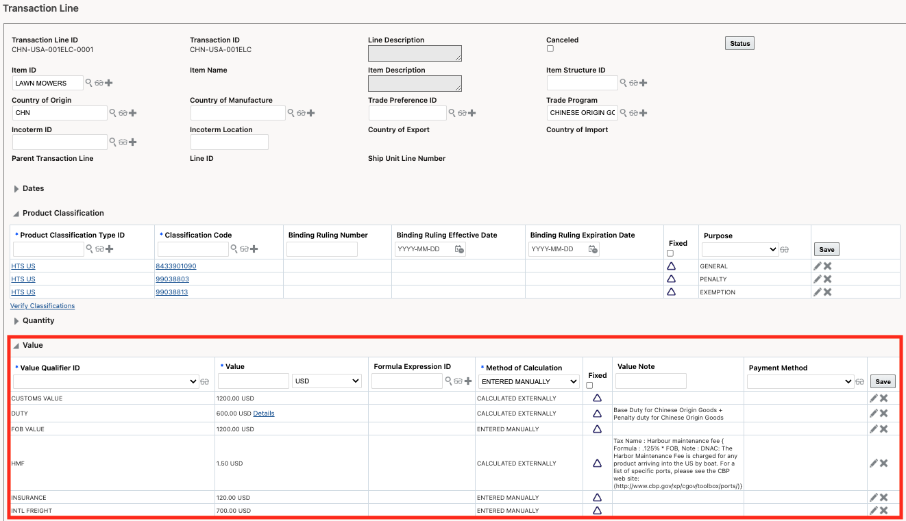 Trade Transaction Line with Duty Value