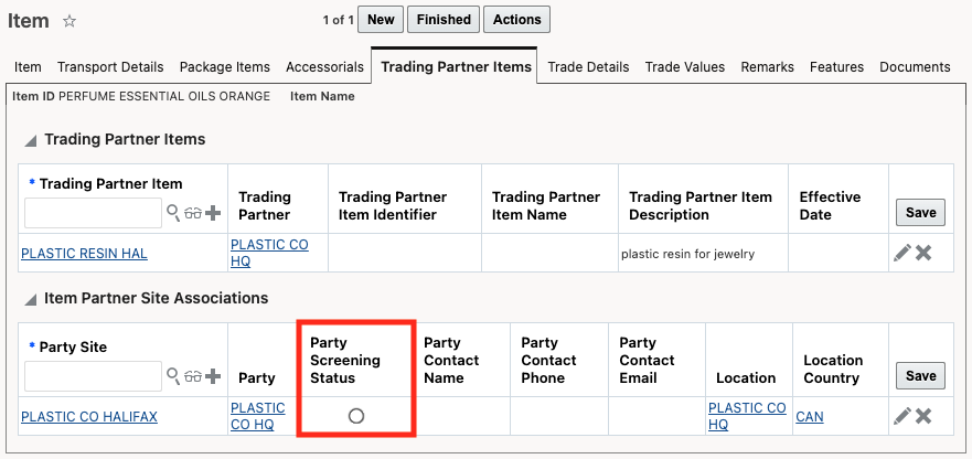 Item Partner Site Associations - Party Screening Status