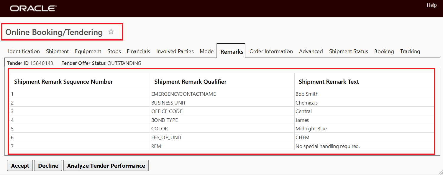 Online Booking/Tendering  - Default Behavior Shipment Remarks