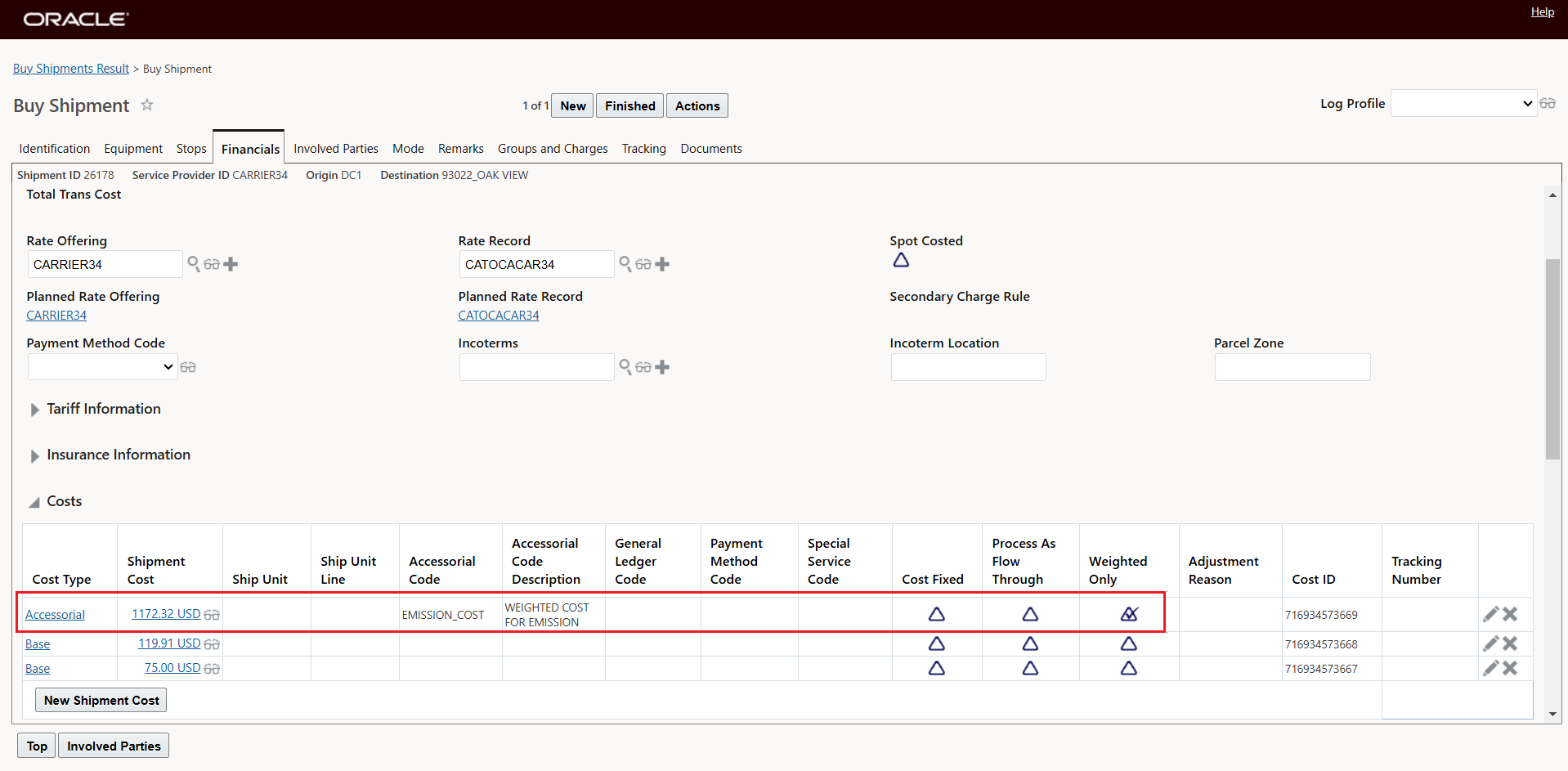 Emission Related Accessorial Cost Calculated in Bulk Plan