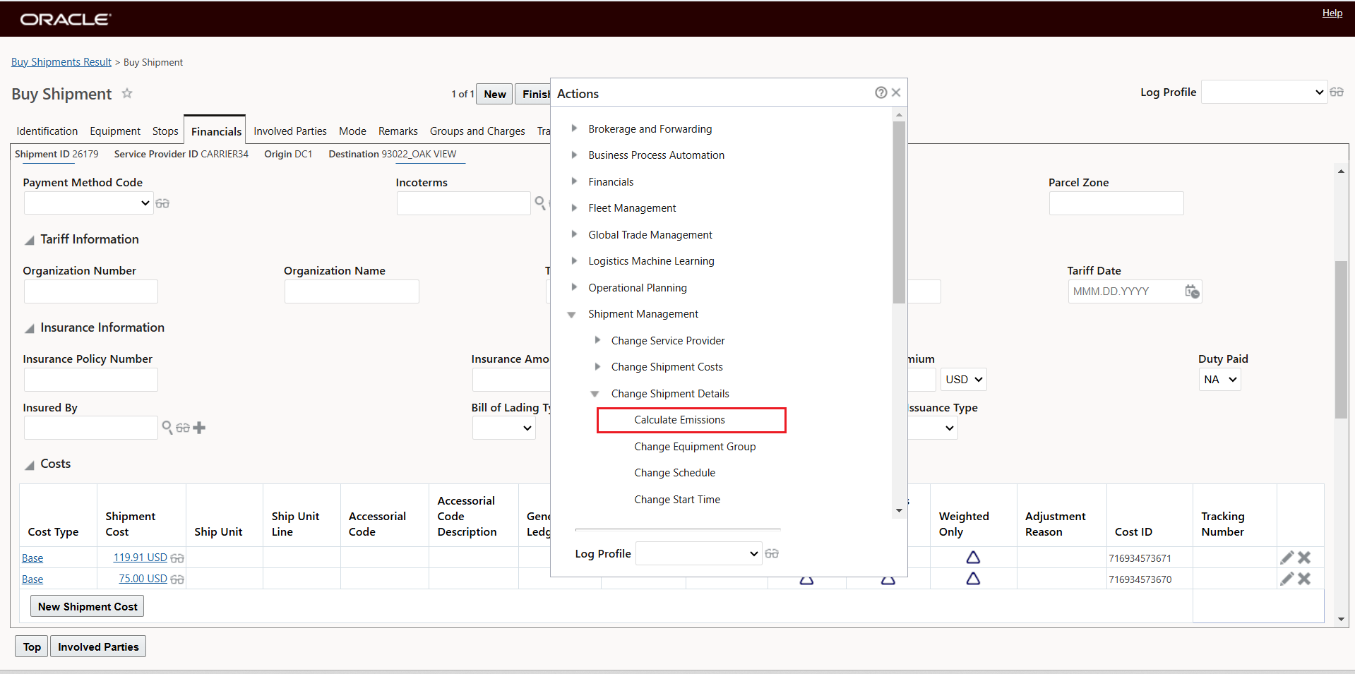 Shipment Action  - Calculate Emissions