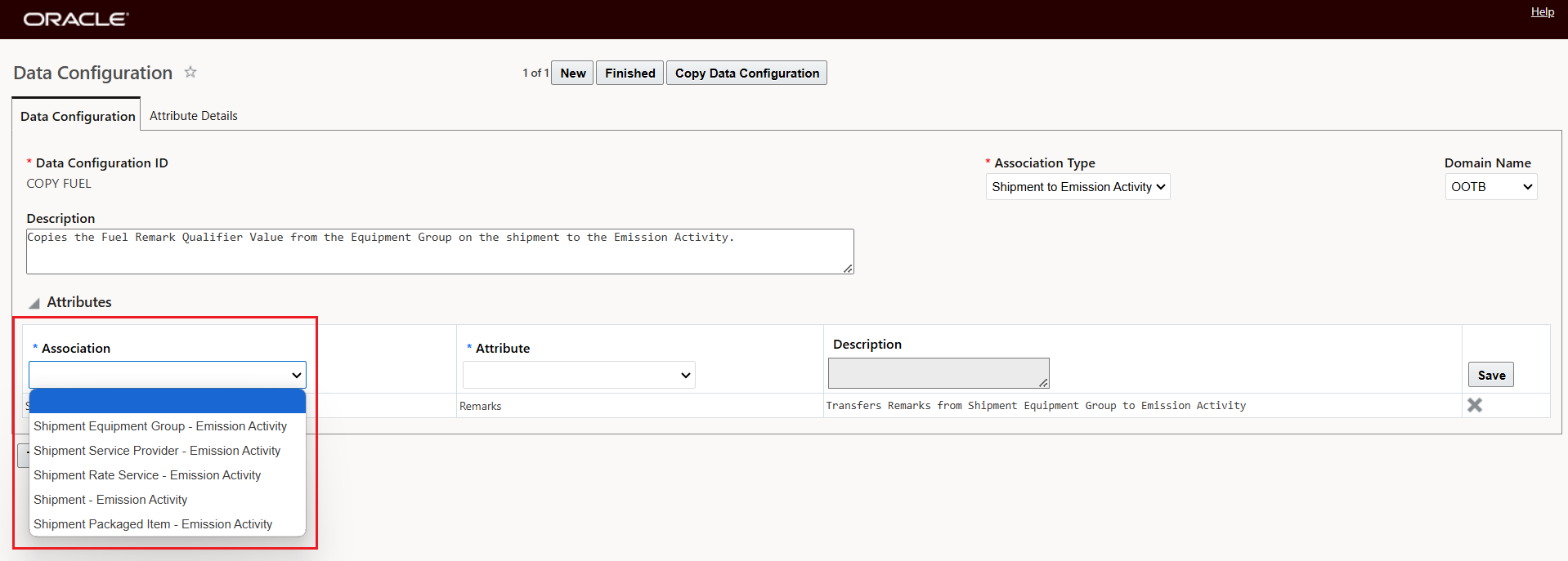 Data Configuration Associations for Association Type Shipment to Emission Activity