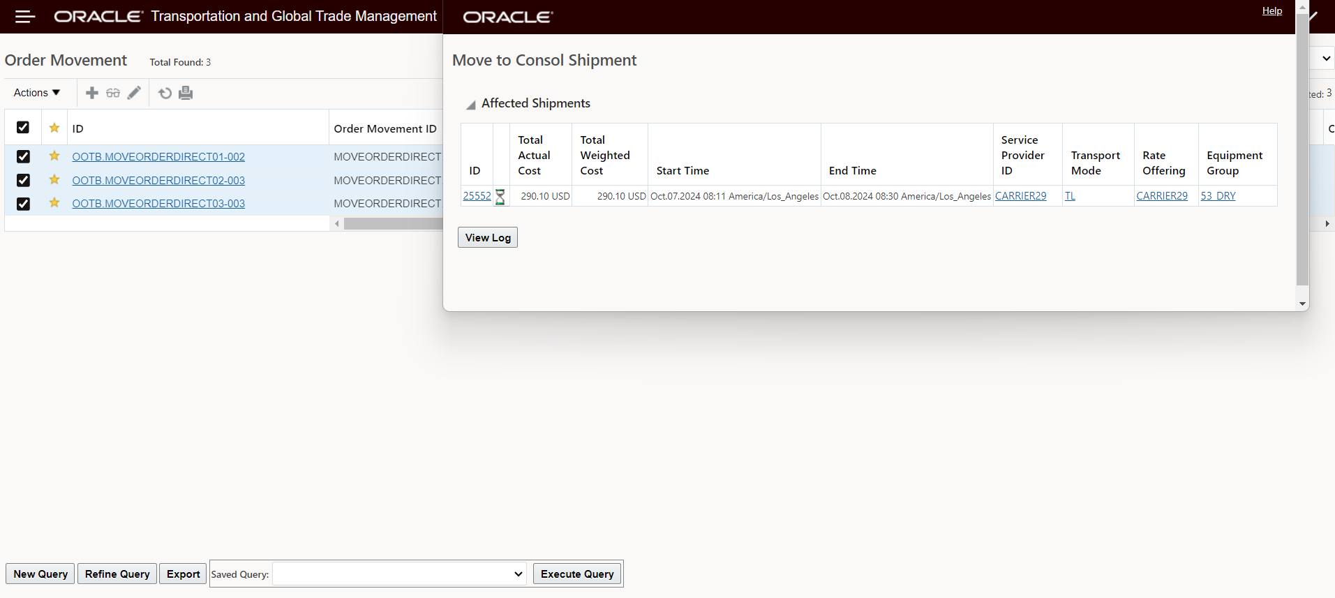 Move Multiple Order Movements to Consol Shipment Result