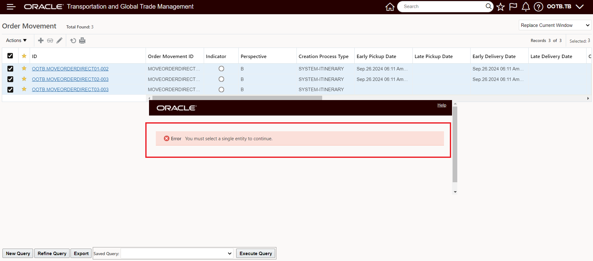 Previous Error Message for Multiple Order Movement Selection Action Input