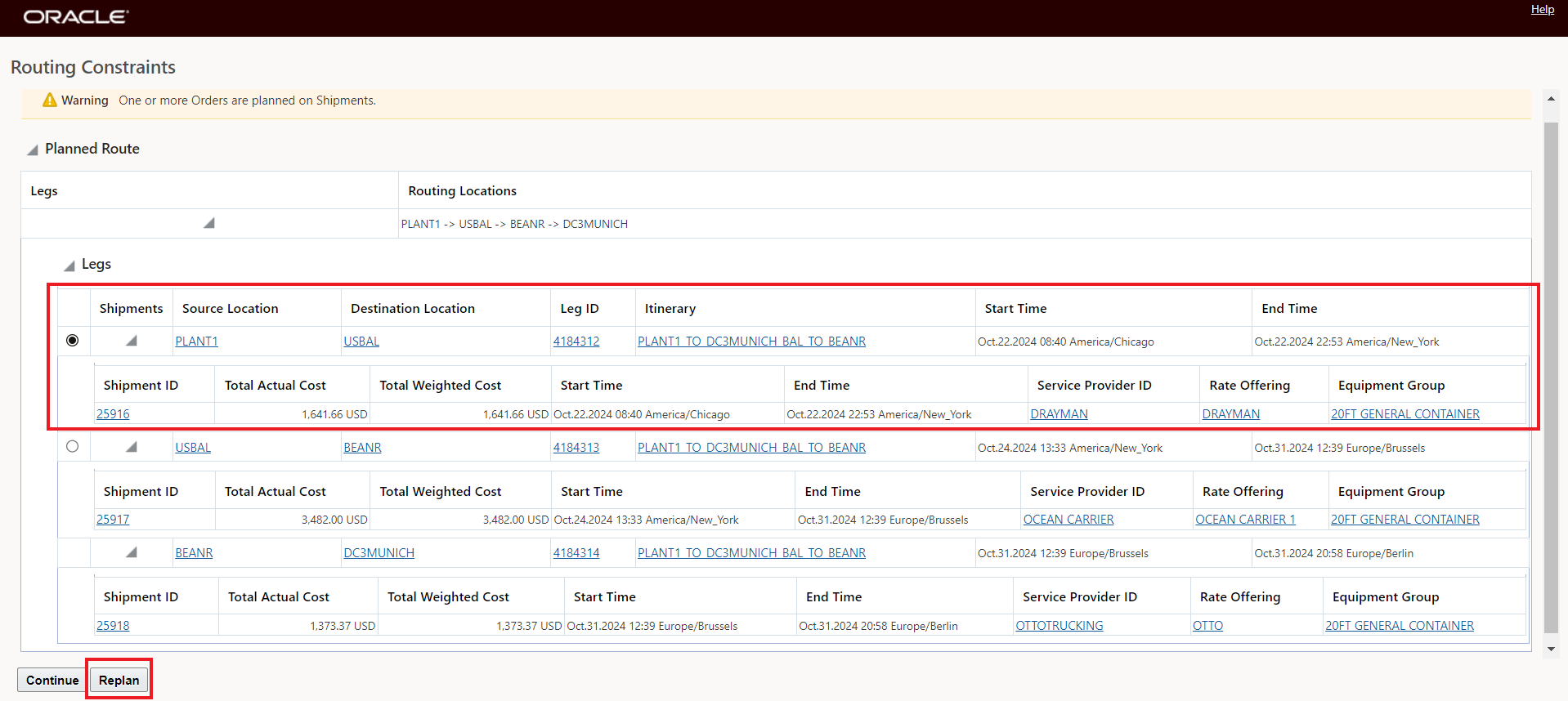 Select Leg/Shipment To Replan From