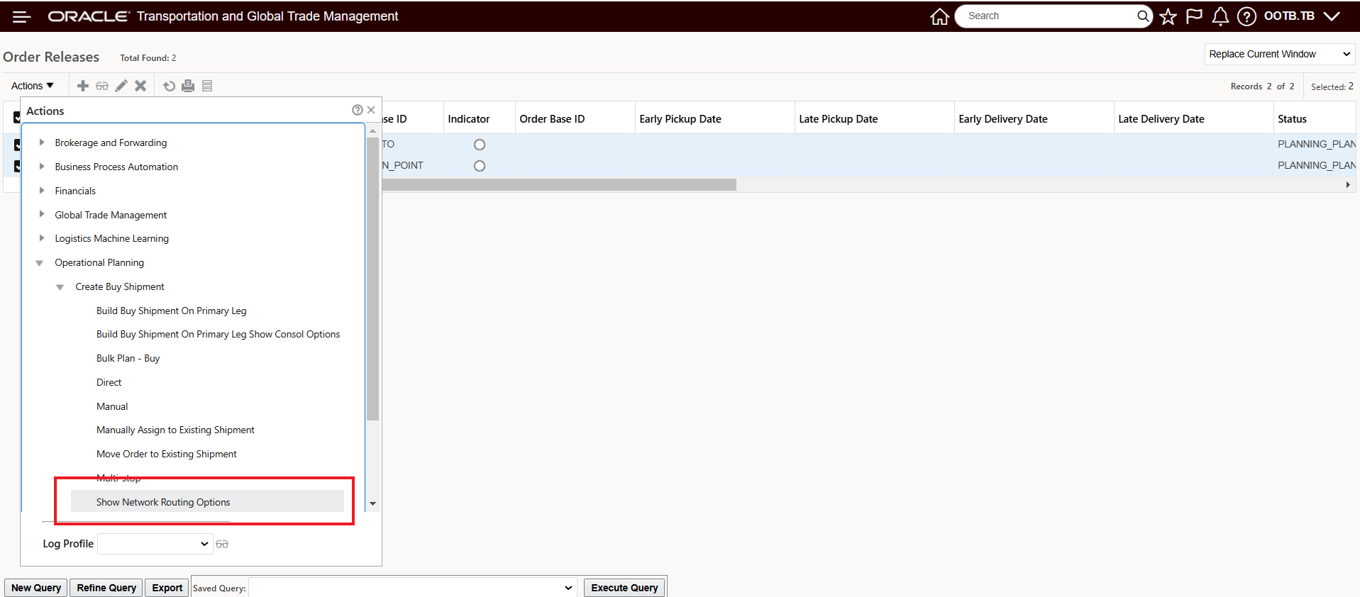 Show Network Routing Options - Multiple Orders Selected