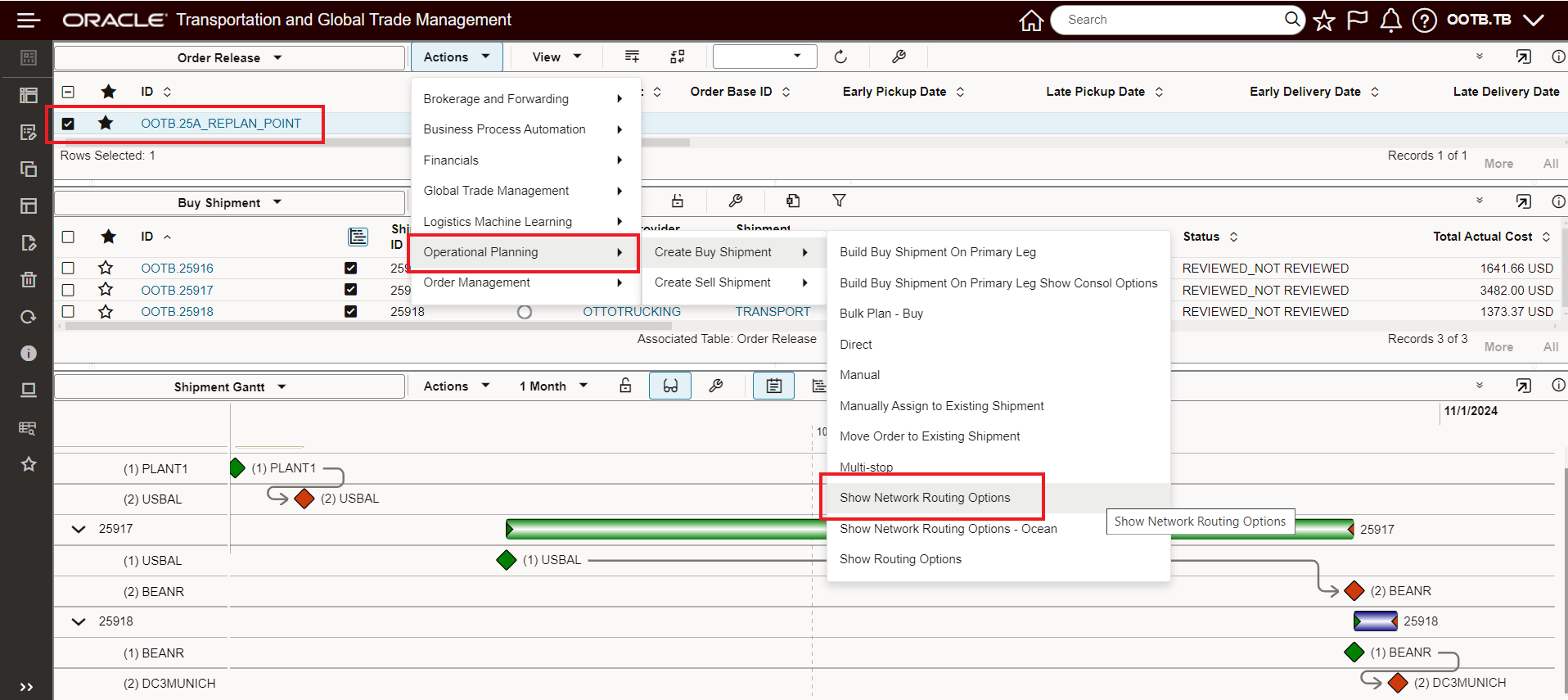 Show Network Routing Options - Replan Option
