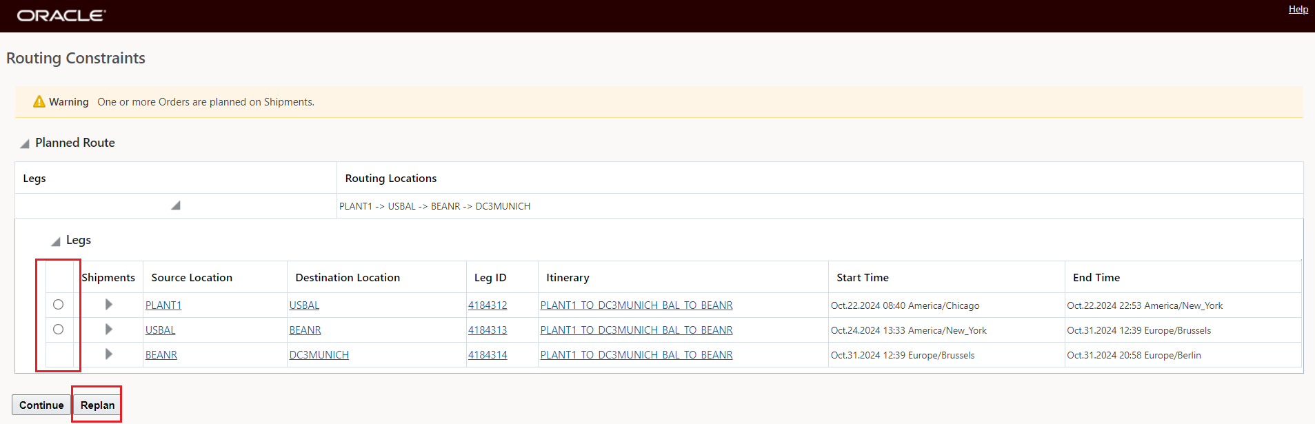 Show Network Routing Options - Replan Input