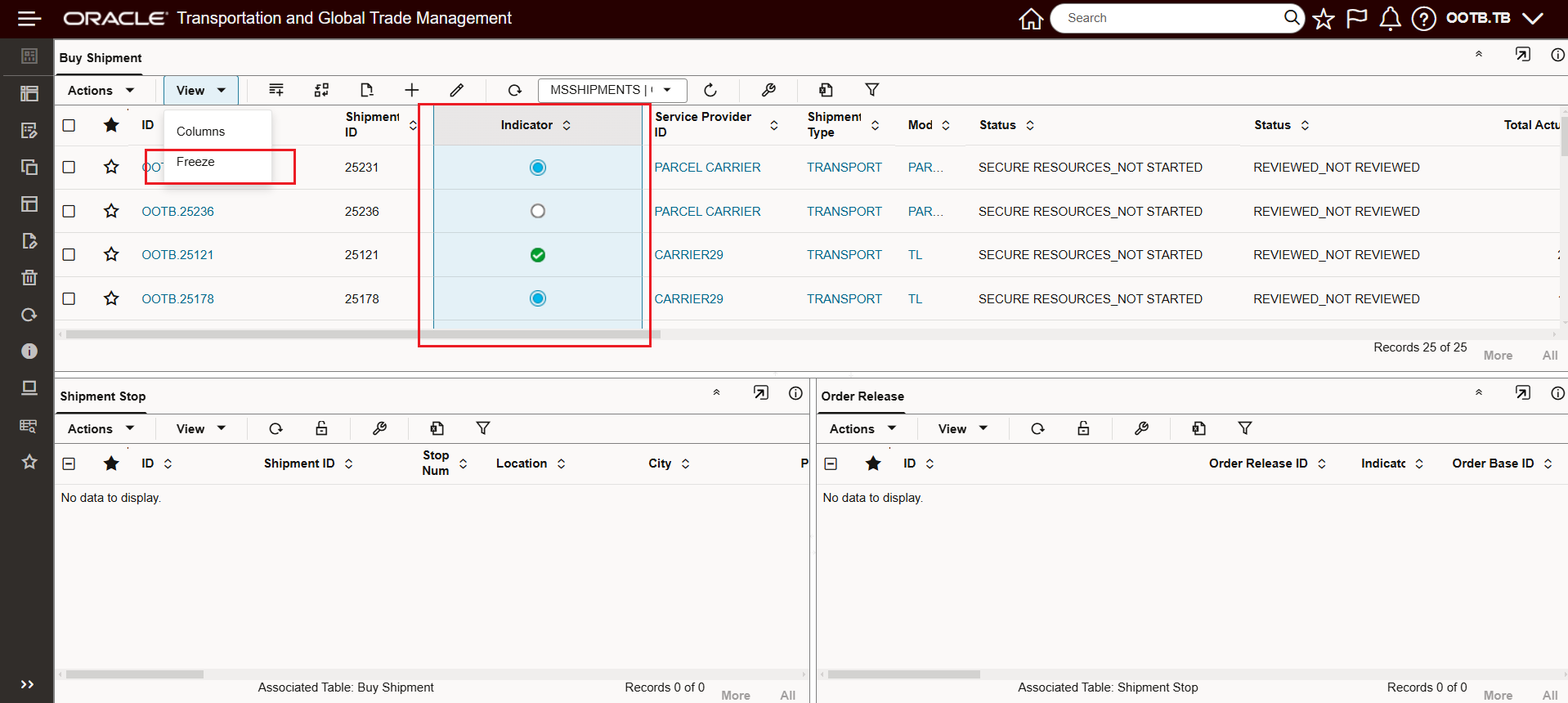 Freeze the Buy Shipment Table at the Indicator Column