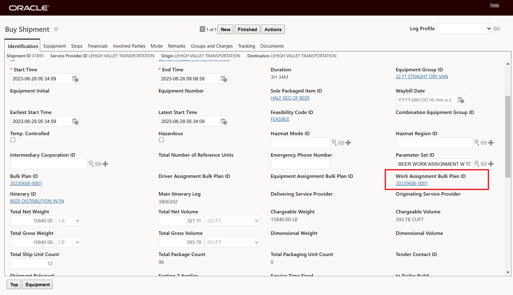Work Assignment Bulk Plan ID Added to Shipment Identification Tab