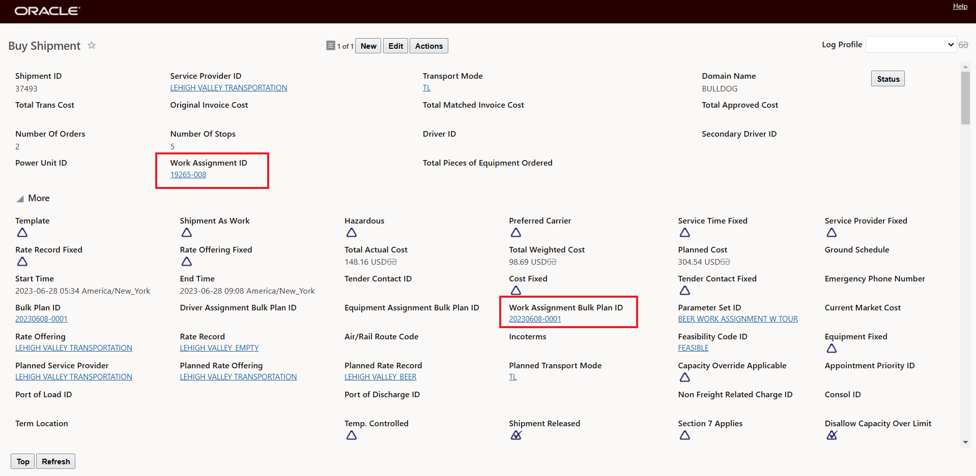 Buy Shipment View Screen - Work Assignment ID and Work Assignment Bulk Plan ID