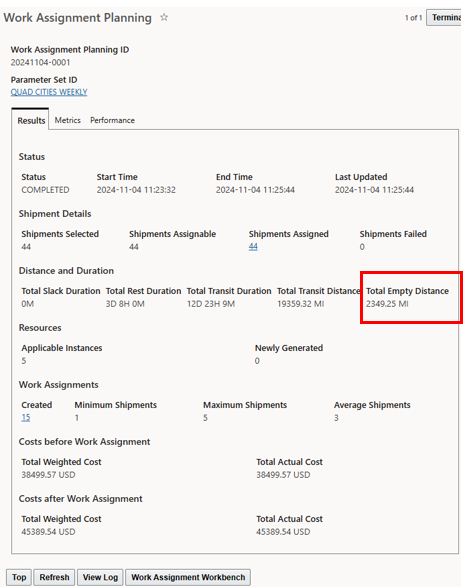 Work Assignment Results Tab