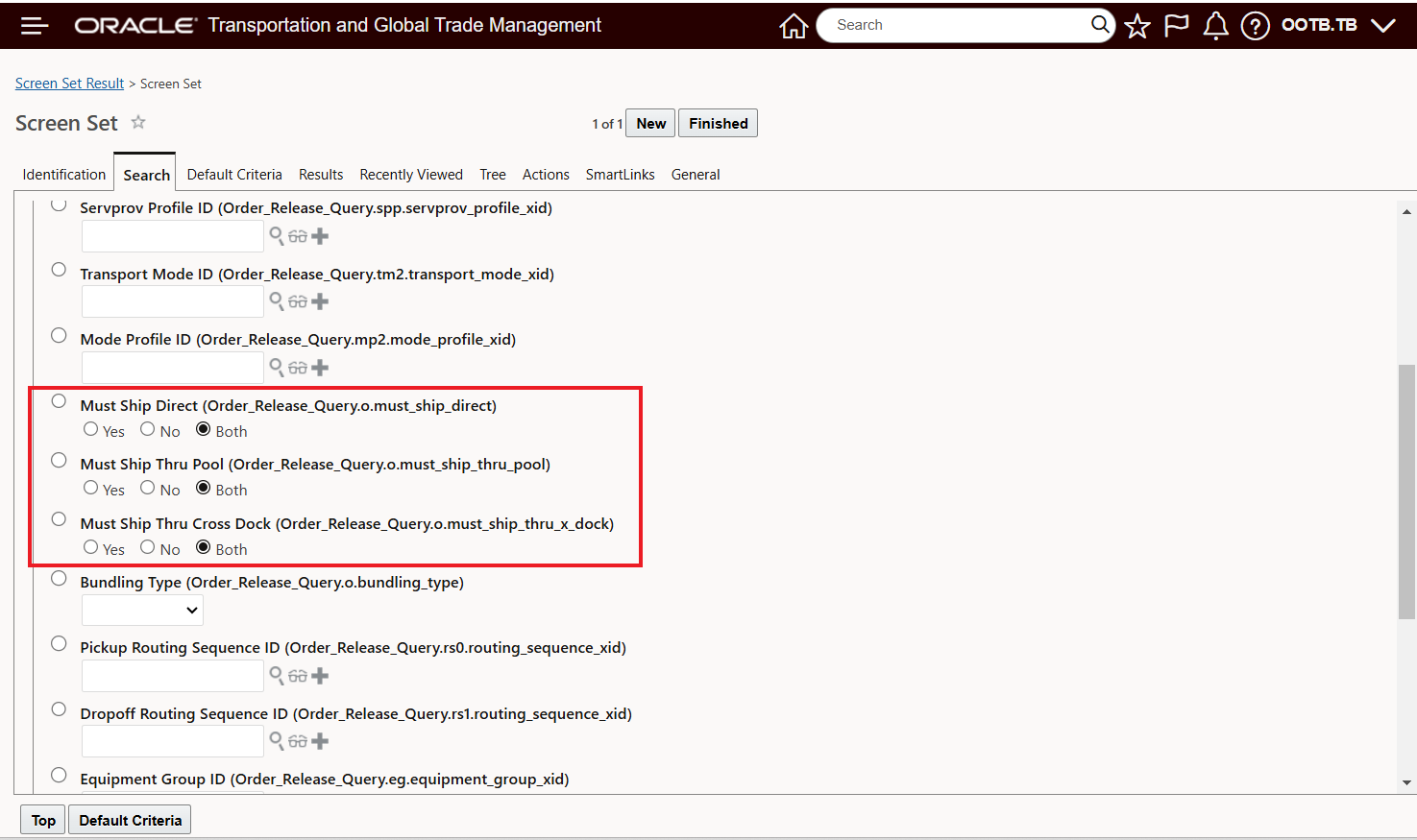 Screen Set Default Must Ship Direct Boolean Field Search Criteria Both