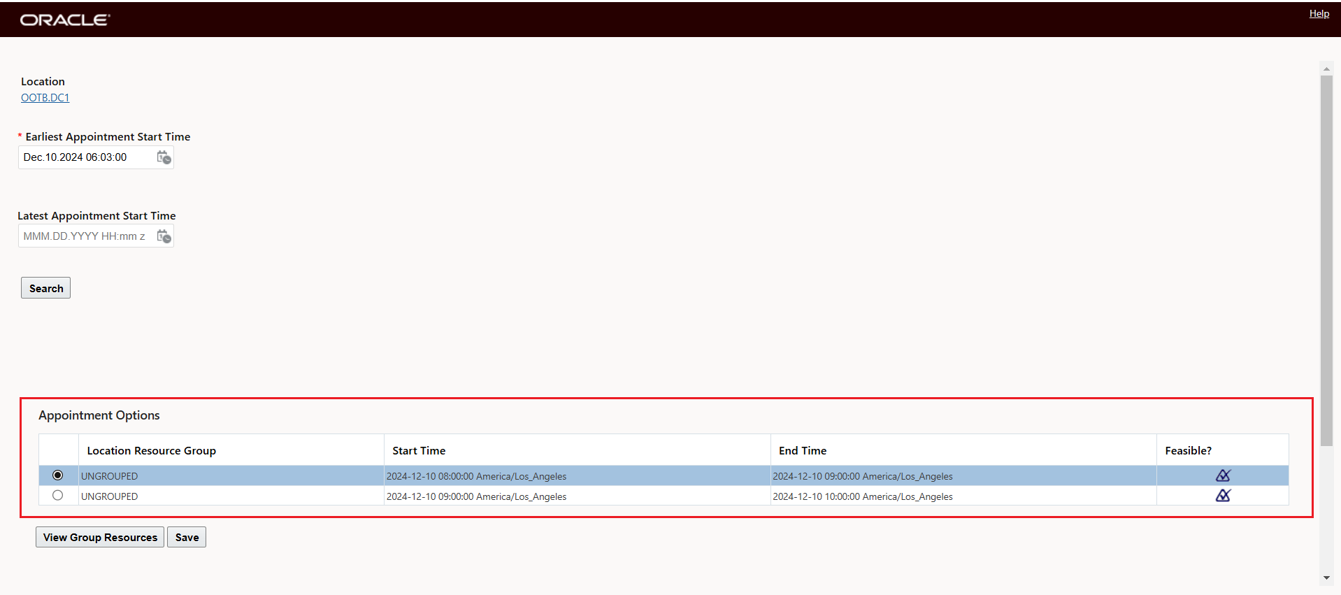 Pickup Appointment Feasible Options with Next Stop Appointment