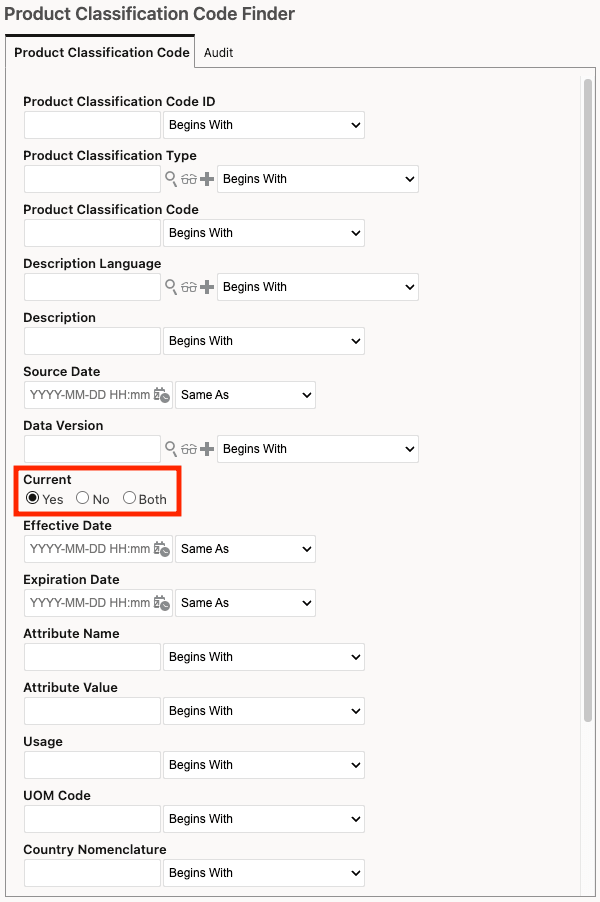 Product Classification Code Finder with Current Set to Yes