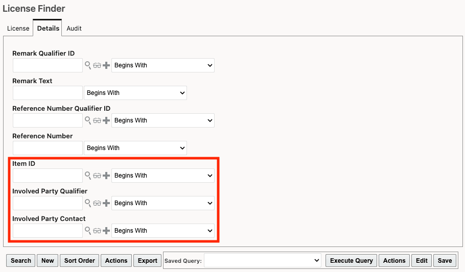 License Finder - Item ID and Involved Party Search