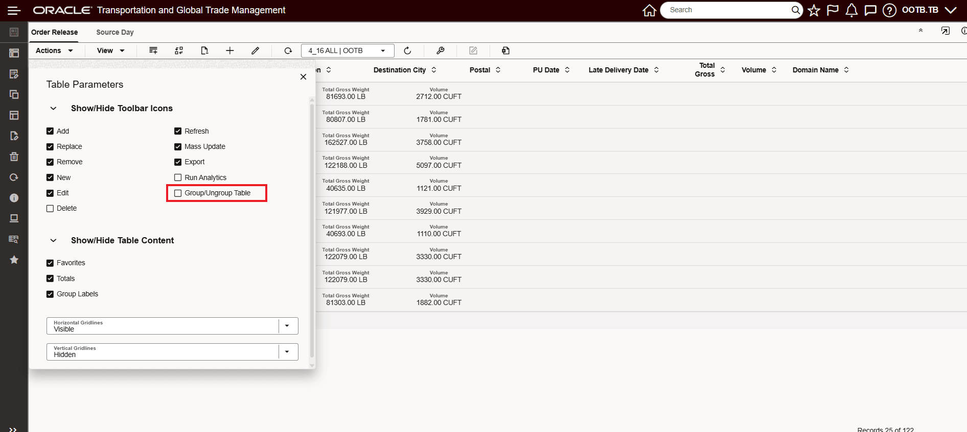 Table Parameters Show/Hide Toolbar Icon - Group/Ungroup Table
