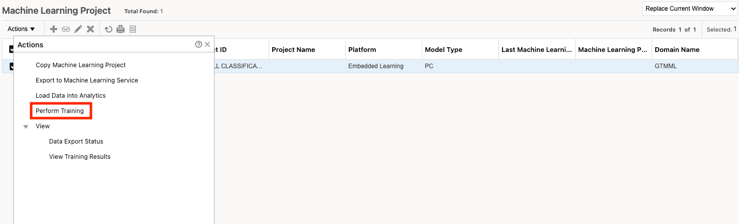 Machine Learning Project - Perform Training Action