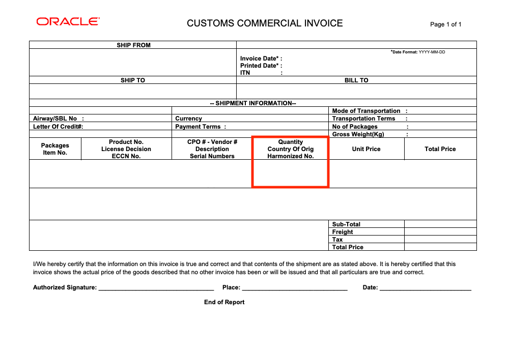 Customs Commercial Invoice
