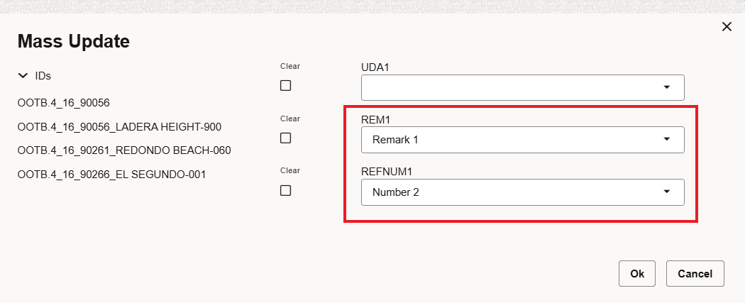 Mass Update with Fixed List of Values - Remark (REM1) and Reference Number (REFNUM1)