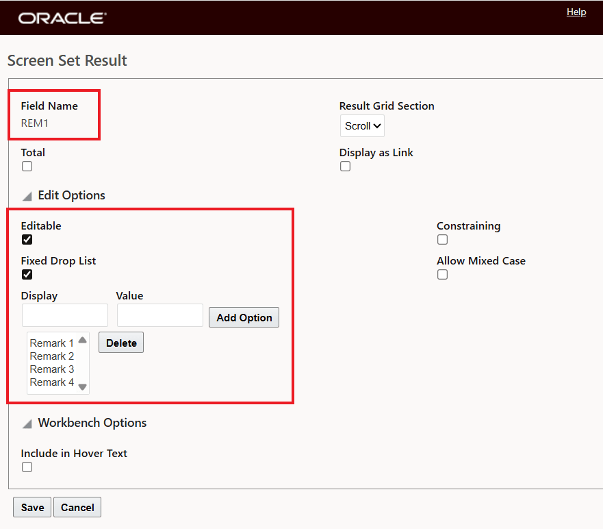 REM1 Fixed Drop List of Values Screen Set Configuration