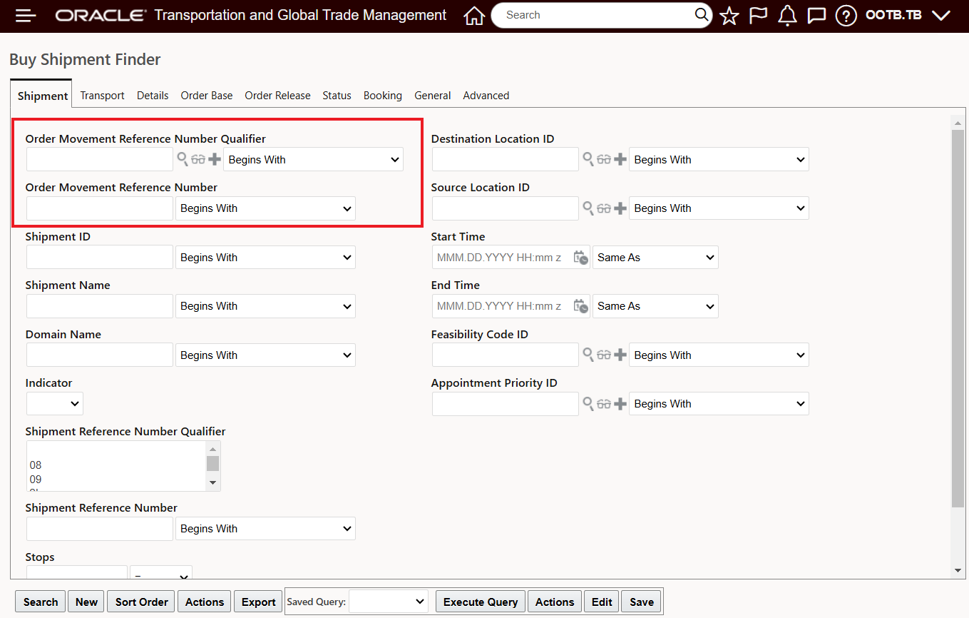 Buy Shipment Finder Configured to Include Order Movement Reference Number Qualifier and Value