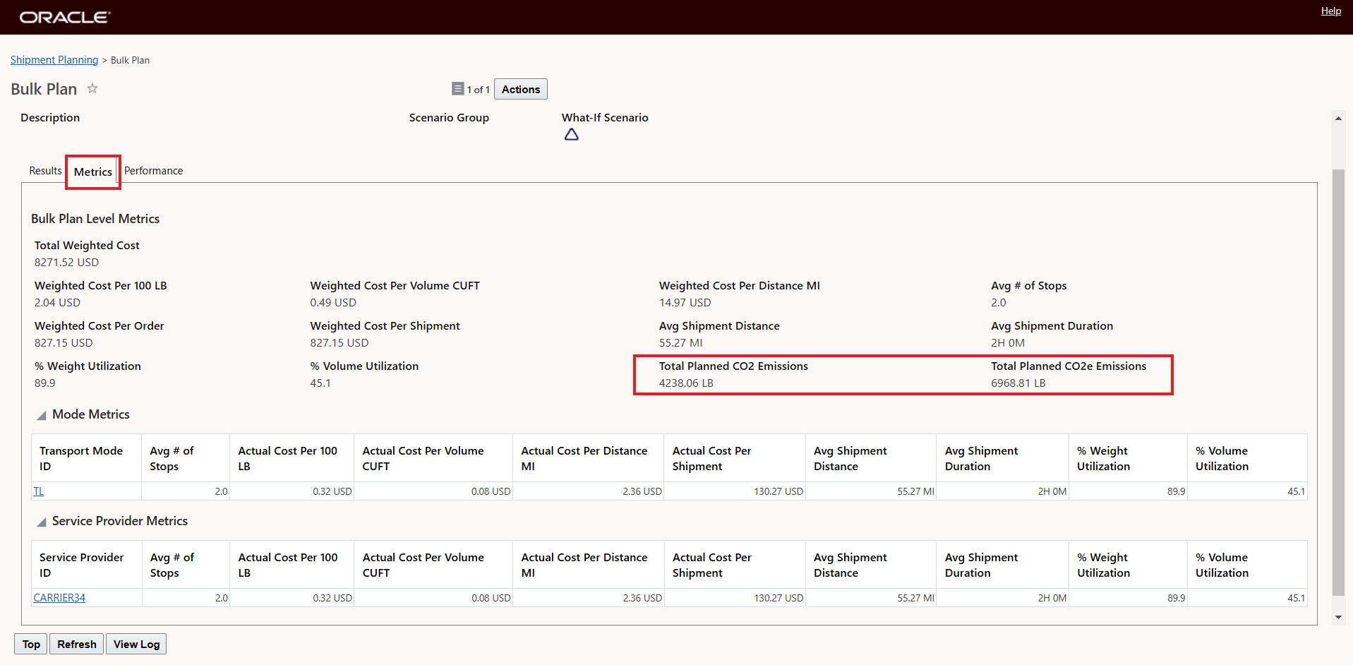 Bulk Plan Metrics Tab - Total Planned CO2 Emissions and Total Planned CO2e Emissions values