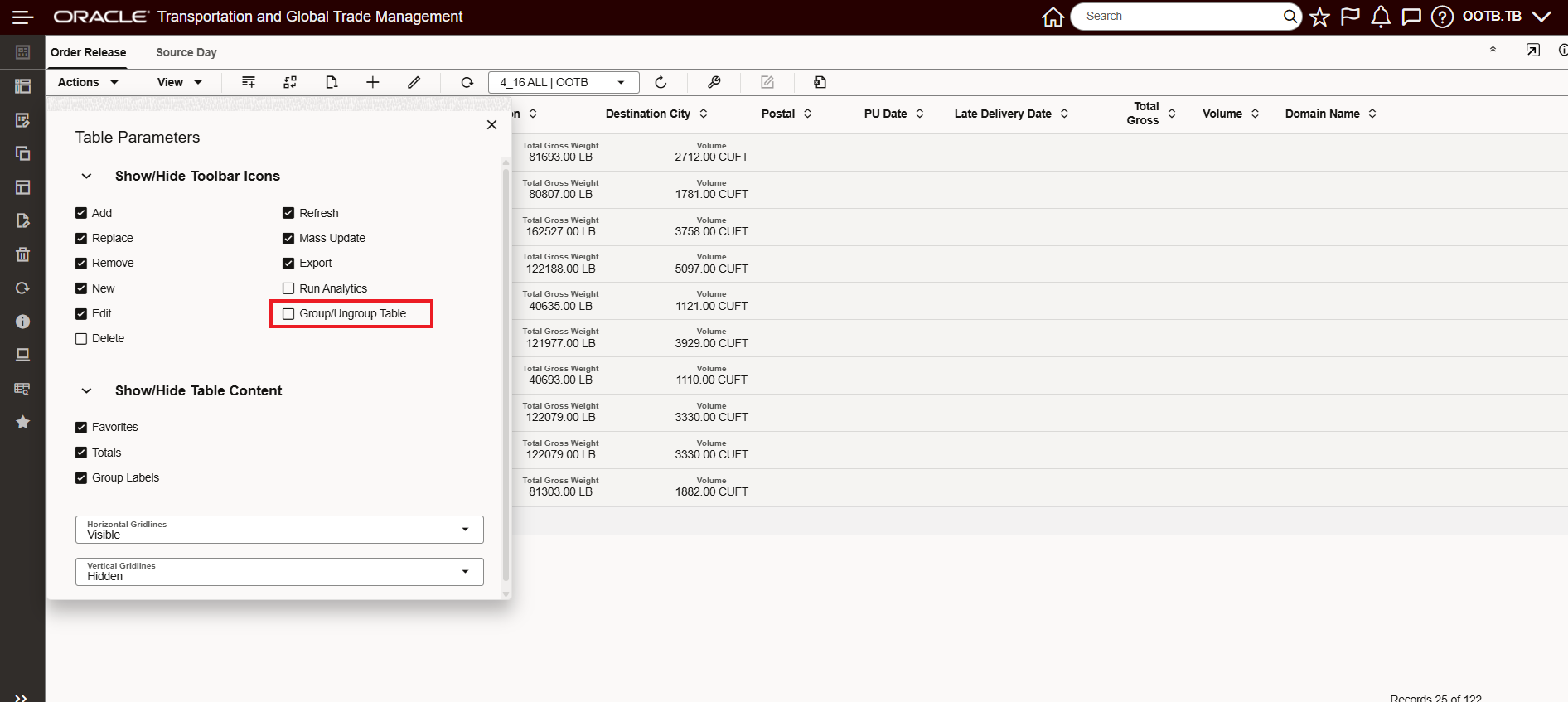 Table Parameters Show/Hide Toolbar Icon - Group/Ungroup Table
